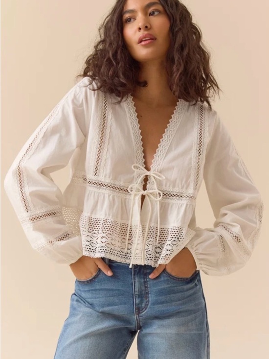Altar'd State Tops - Altar'd State Ivory Lace Tie-Front Peasant Blouse